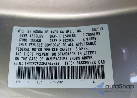 2015 Honda Accord Lx из США, поврежденный, VIN 1HGCR2F3XFA265299